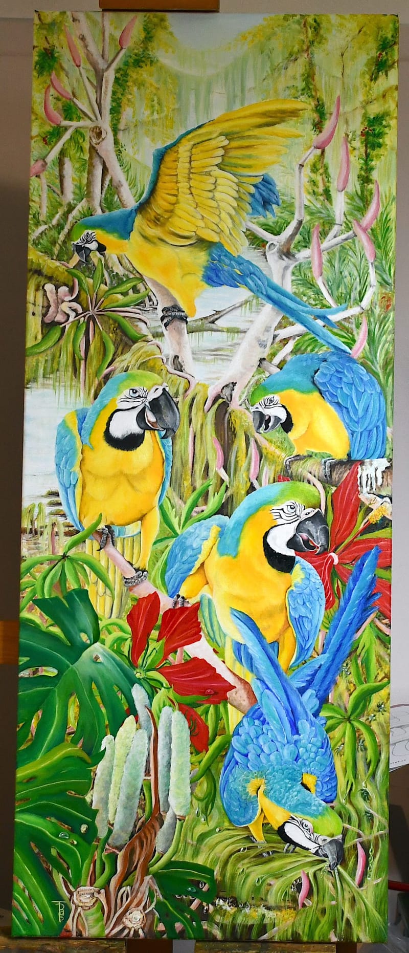 IBA Chair 'Tina Bone' finishes epic commission depicting Blue & Gold Macaws & Swamp Hibiscus