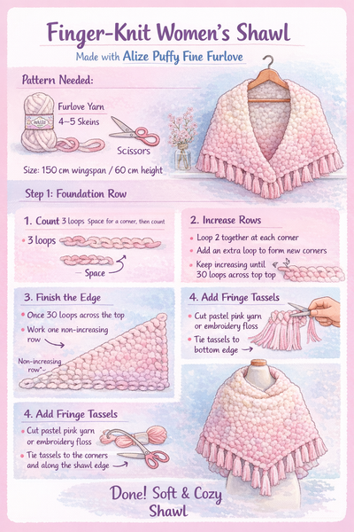 Easy Finger Knit Shawl with Alize Puffy Fine (Beginner Friendly)