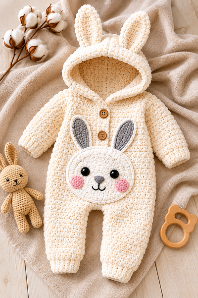 Crochet Baby Bunny Romper Pattern with Alize Softy | Cozy Hooded Baby Jumpsuit