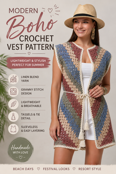 Modern Boho Crochet Vest Pattern – Easy Granny Stitch Summer Vest with Linen Yarn