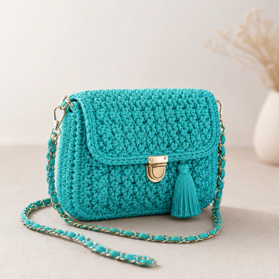 Crochet Macrame Shoulder Bag Pattern – Elegant Turquoise Crossbody Bag with YarnArt Macrame