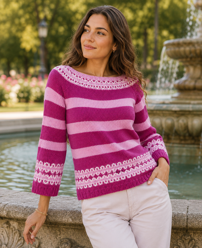 Knitted Striped Sweater with Fair Isle Borders | YarnArt Ideal Knitting Pattern Inspiration