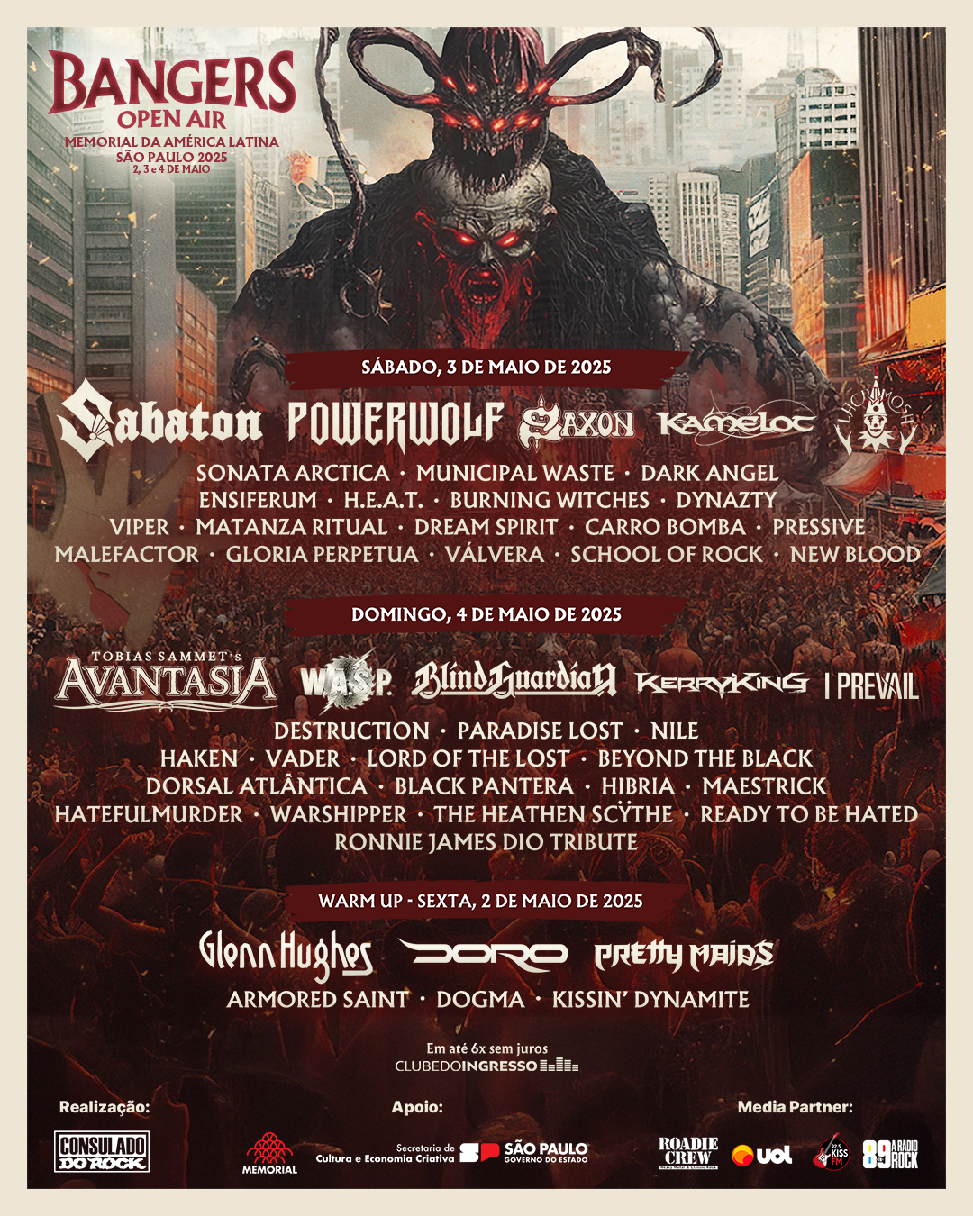 BLIND GUARDIAN E DESTRUCTION ENTRAM NO LINE-UP DO BANGERS OPEN AIR NO DIA 4 DE MAIO, DOMINGO