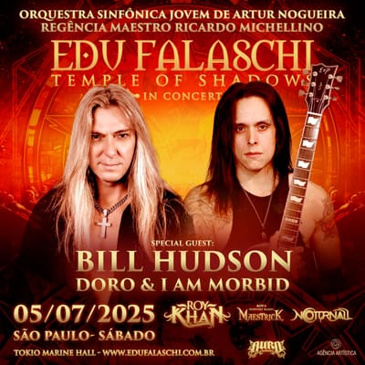 Edu Falaschi anuncia Bill Hudson (Doro, I Am Morbid, NorthTale) em concerto sinfônico em São Paulo no Tokio Marine Hall