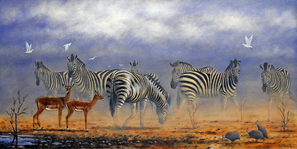 The Waterhole. Original African waterhole painting by South African wildlife artist Joe Marais. Acrylic on canvas.