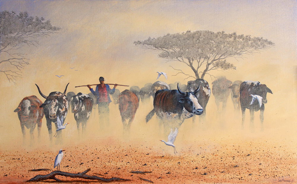 Coming Home. Original African painting by South African wildlife artist Joe Marais. Acrylic on canvas.