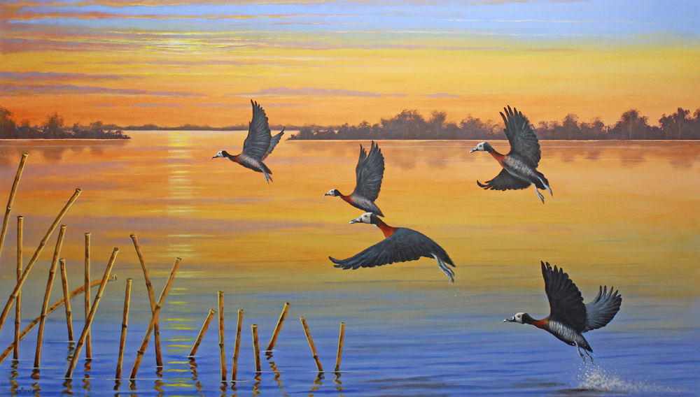 Flying Home. Original White-faced whistling ducks painting by South African wildlife artist Joe Marais. Acrylic on canvas.