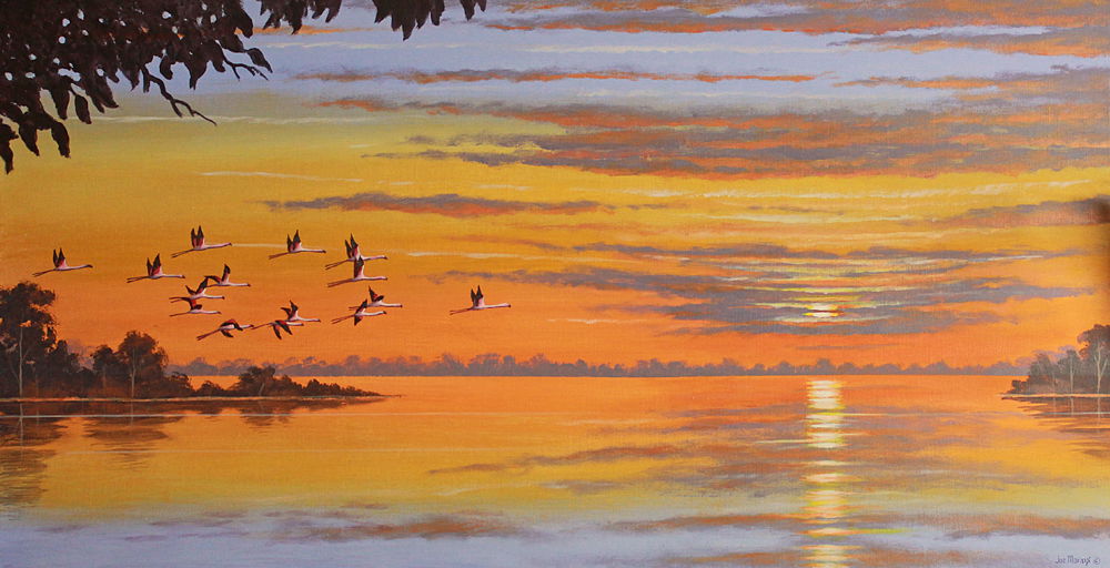 Flamboyance. Original painting by South African wildlife artist Joe Marais. Acrylic on canvas.