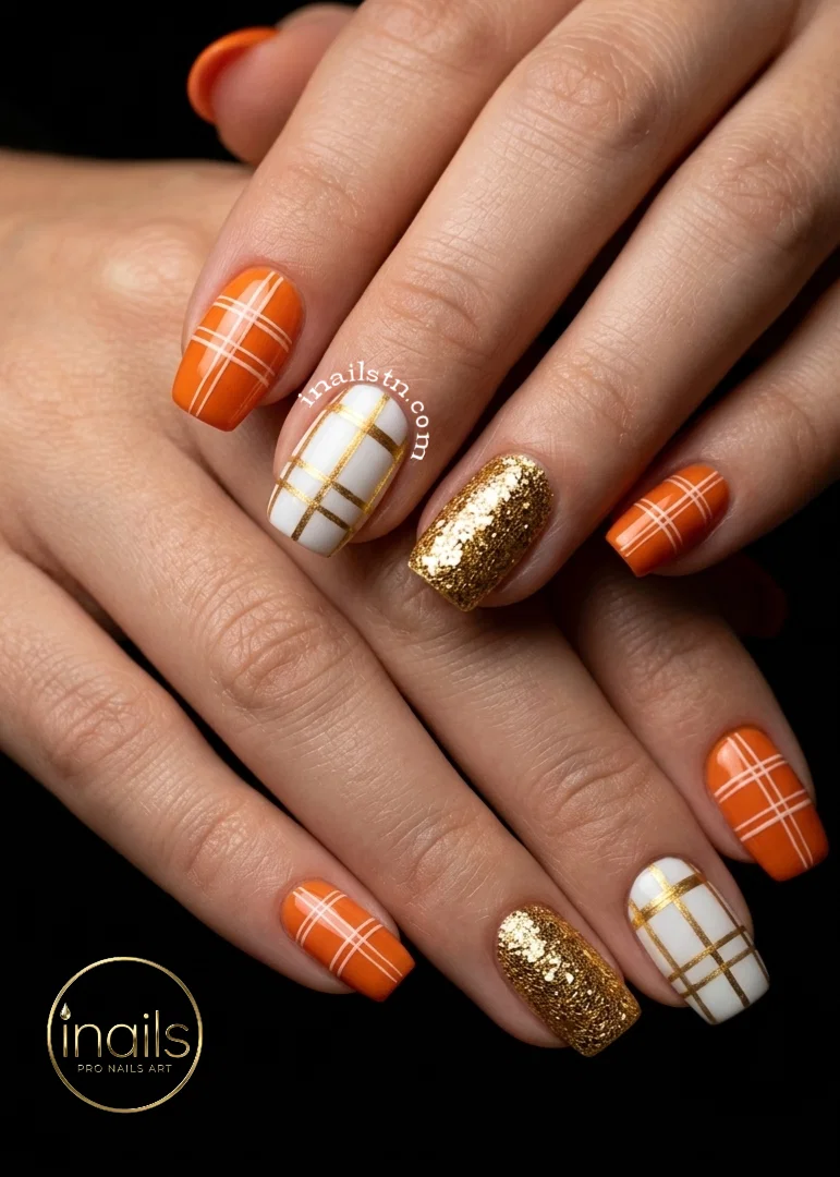 Glossy tortoiseshell accent nails paired with olive green autumn gel polish