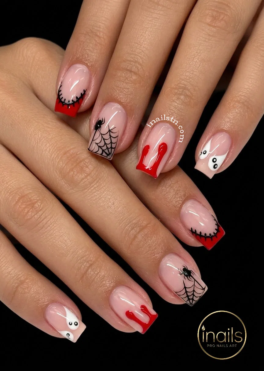 Cute hand-painted minimalist ghost French tip Halloween nail design on almond nails