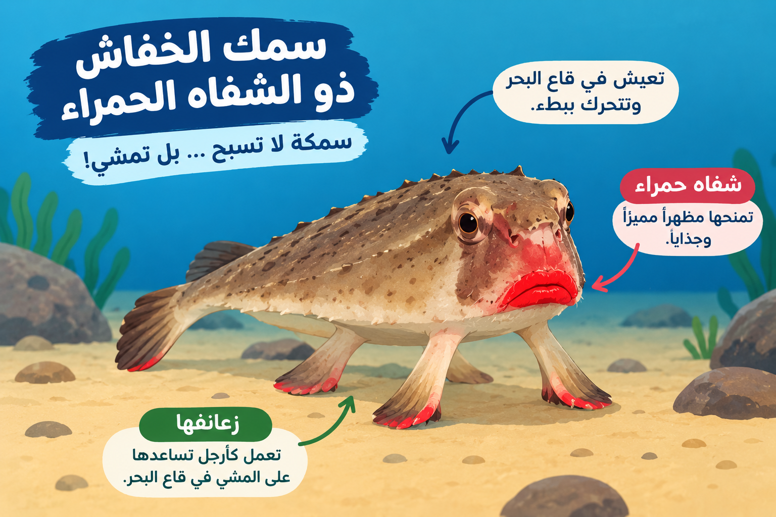 سمك الخفاش ذو الشفاه الحمراء... سمكة لا تسبح بل تمشي في قاع البحر!