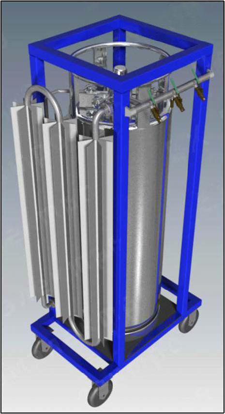 Вертикальный криоцилиндр в раме с испарителем на колесах и рампой выдачи