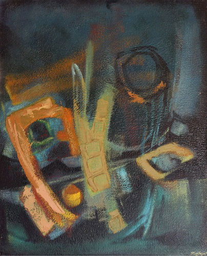 נסים זלאיט, דומם, 1991, טכניקה מעורבת על בד, 100X81 ס"מ