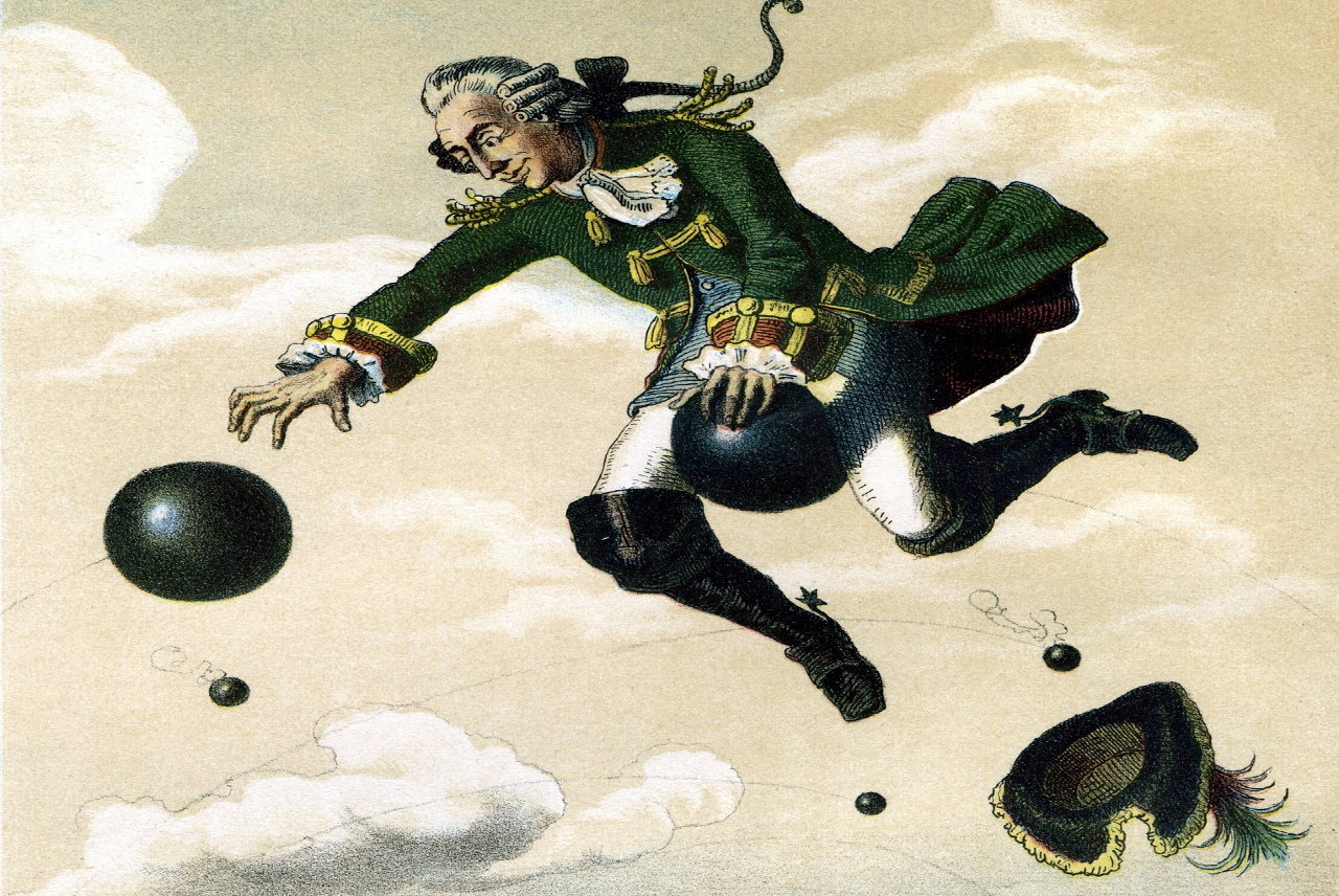 Münchhausen báró korabeli illusztrációja ágyúgolyón lovagolva - Pixabay