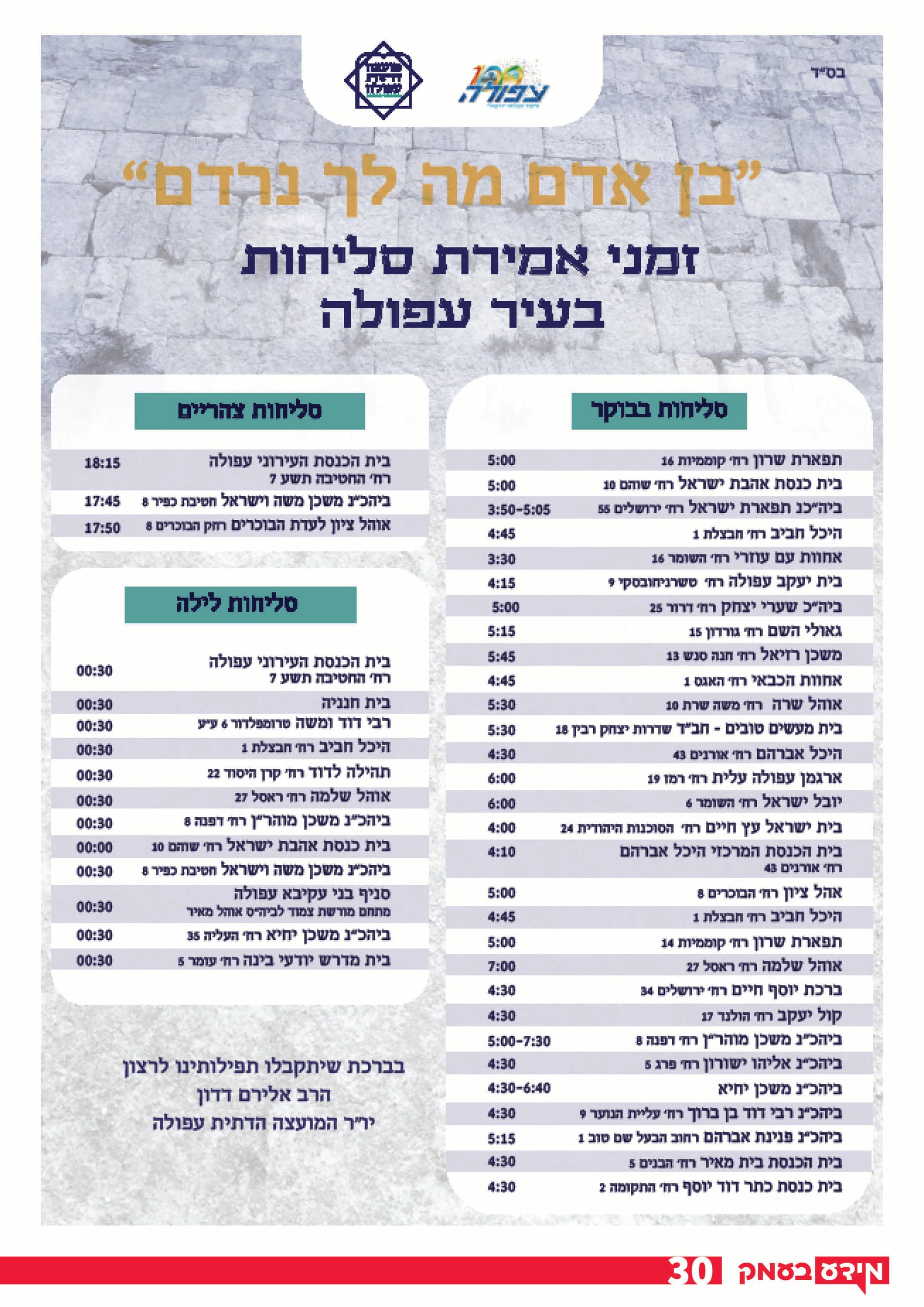 זמני סליחות בעפולה | אלול תשפ"ה