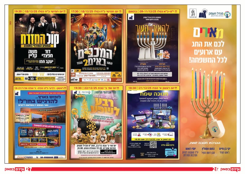 היום! יום סיוע באופטיקה - שימו לב הוקדם ל13:00 עקב הדלקת נרות חנוכה!  / רשת פיצה בעמק הגיעה לעפולה - בכשרויות מהודרות / מגוון ארועי חנוכה / גיליון 333