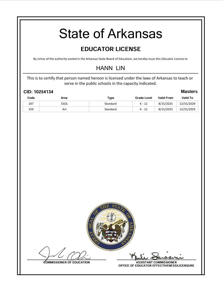 US ESL & Art Teaching License