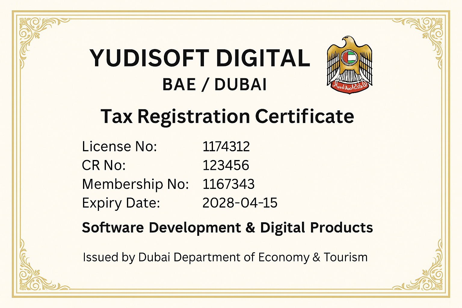 BAE Dubai Tax Registration Certificate