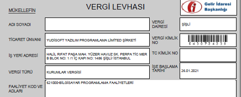Turkish Tax Registration Certificate
