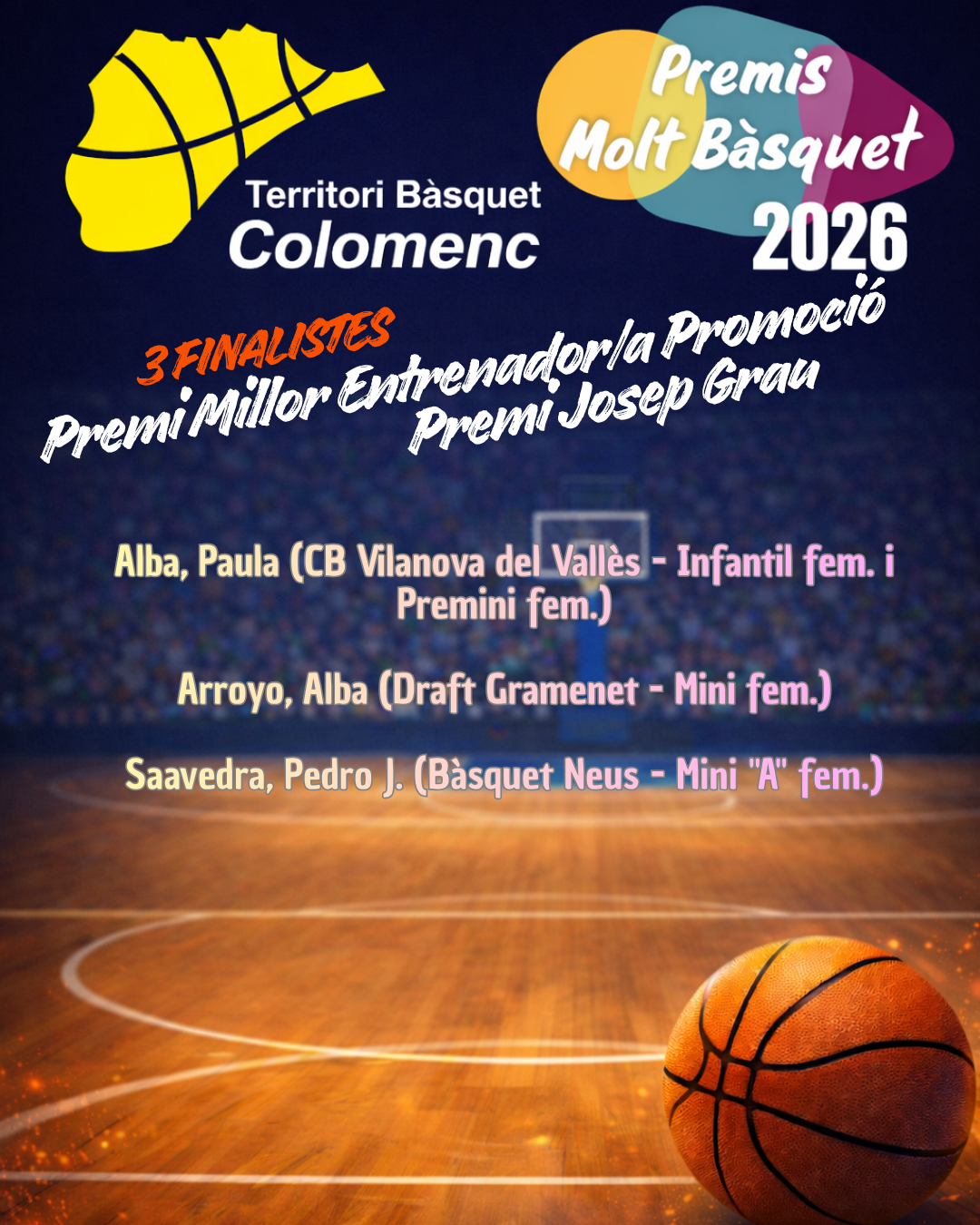 3 Finalistes Premi Millor Entrenador/a de Promoció "Premi Josep Grau" Premis Molt Bàsquet 2026