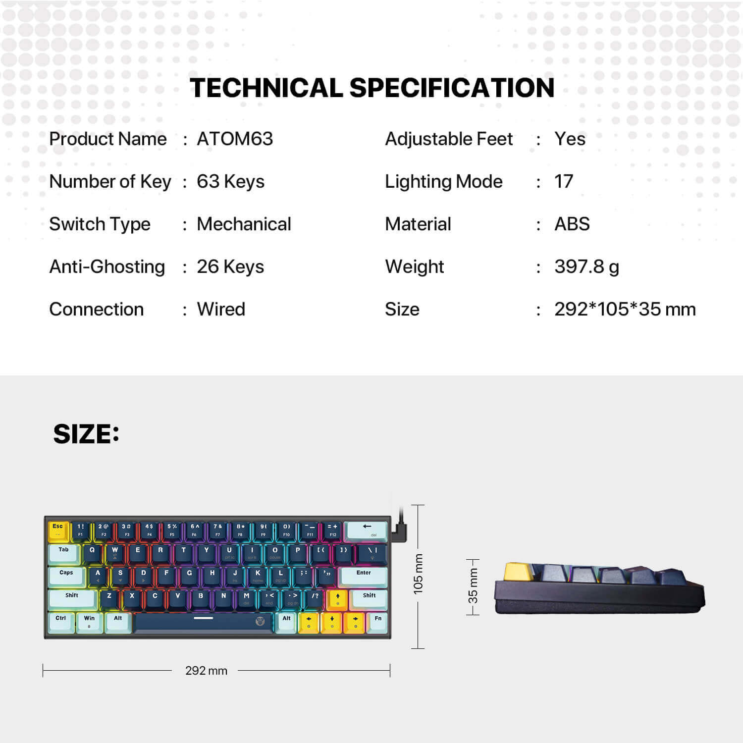 FANTECH ATOM63 MK874V2 MECHANICAL GAMING KEYBOARD – MIZU SERIES NAVY BLUE