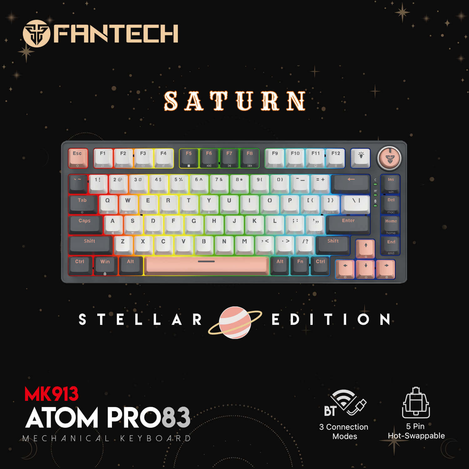 FANTECH ATOM PRO83 MK913 WIRELESS MECHANICAL BLUE SWITCH GAMING KEYBOARD – TRI-MODE CONNECTION – STELLAR EDITION SATURN