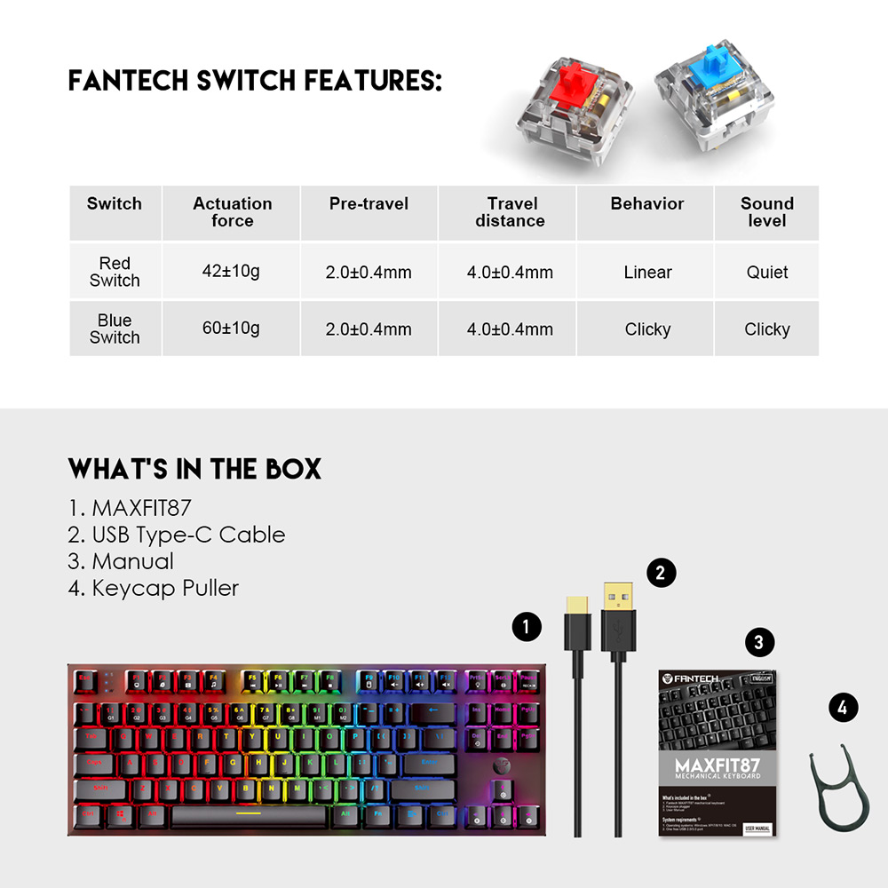 FANTECH MAXFIT87 MK856 RGB MECHANICAL KEYBOARD Specs