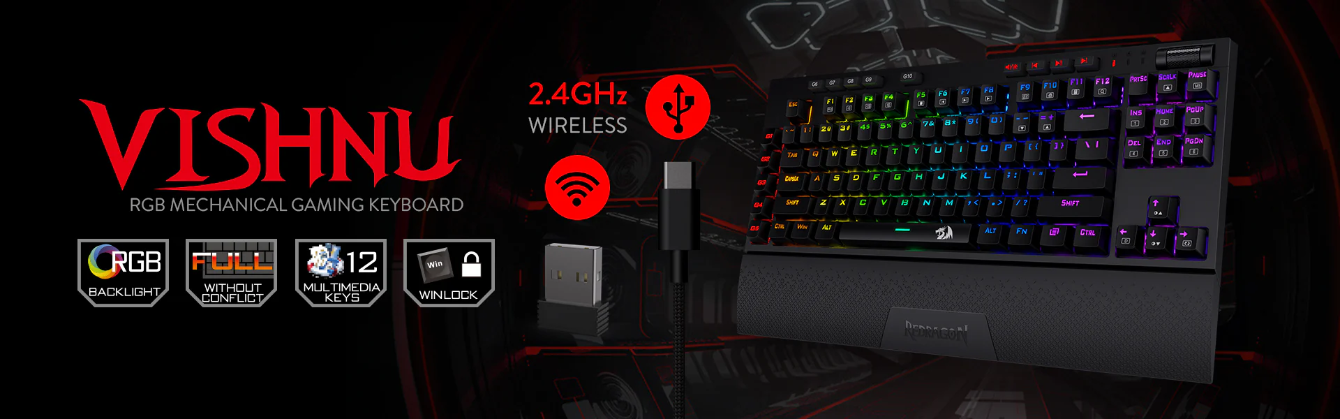 Redragon K596 Vishnu 2.4G Wireless/Wired RGB Mechanical Gaming Keyboard