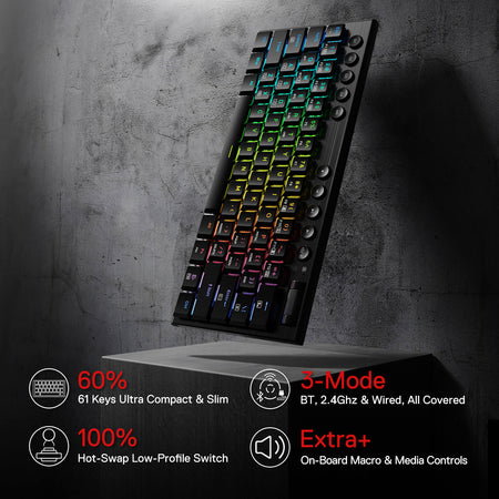 Redragon K632 PRO Noctis 60% RGB Mechanical Keyboard, Bluetooth/2.4Ghz/Wired Tri-Mode Ultra-Thin Low Profile Gaming Keyboard w/No-Lag Connection Redragon K632 PRO Noctis 60% RGB Mechanical Keyboard, Bluetooth/2.4Ghz/Wired Tri-Mode Ultra-Thin Low Profile Gaming Keyboard w/No-Lag Connection