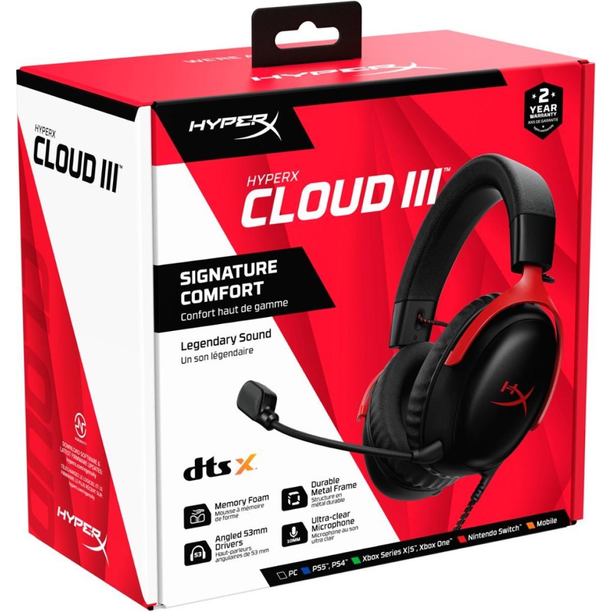 HyperX Cloud III Wired Angled 53mm Drivers DTS Memory Foam Durable Frame Ultra-Clear 10mm Mic USB-C & USB-A 3.5mm For PC, PS5, Xbox Series X|S - Red