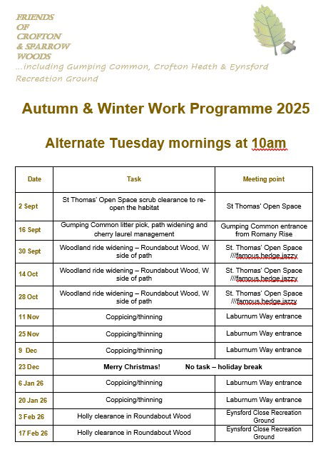 Work Programme for alternate Tuesday Work Group - Autumn and Winter 2025