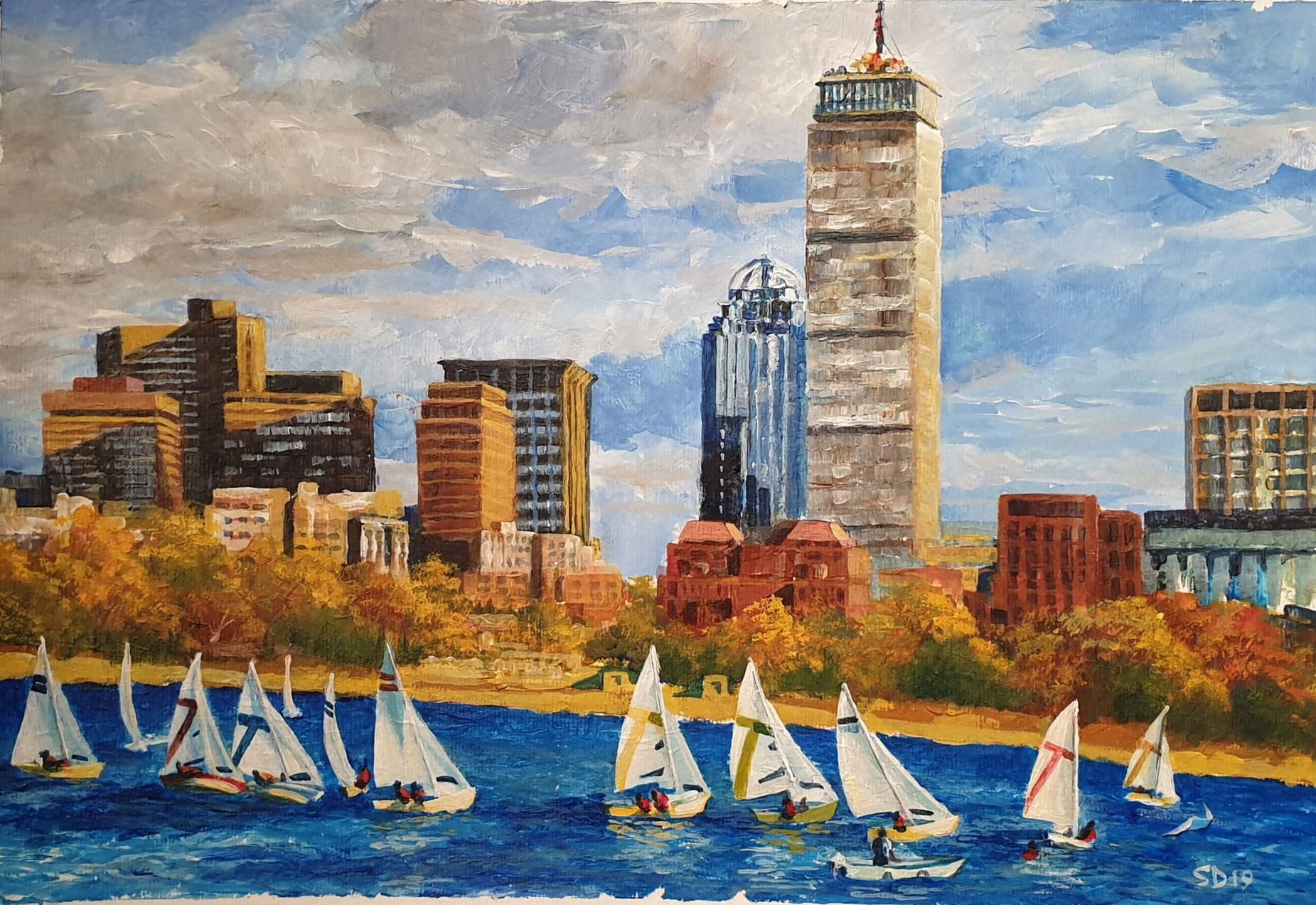 Boston Regatta, acrylic on acrylic paper, brush and palette knife A3