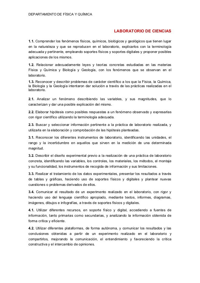 Contenidos y criterios de evaluación para la asignatura de LABORATORIO DE CIENCIAS