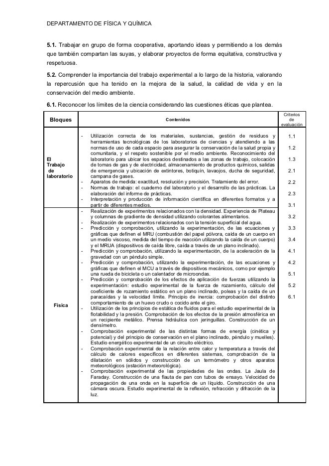 Contenidos y criterios de evaluación para la asignatura de LABORATORIO DE CIENCIAS