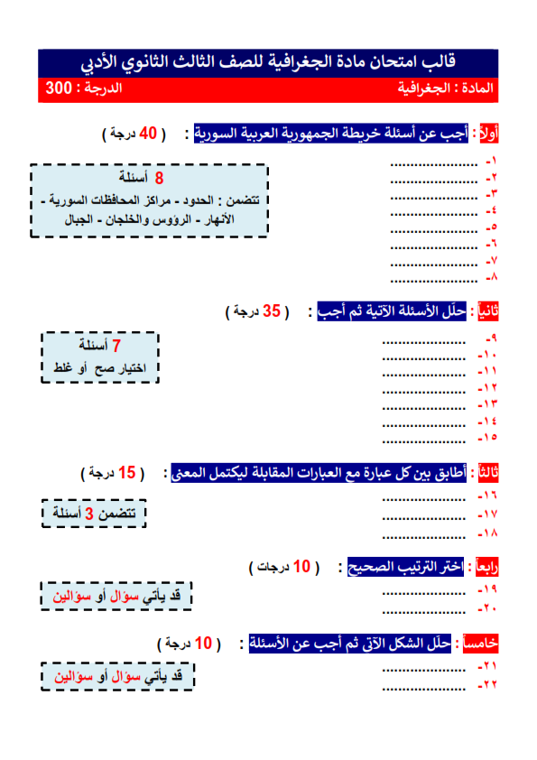 قالب الامتحان المؤتمت مادة الجغرافية الثالث الثانوي الأدبي