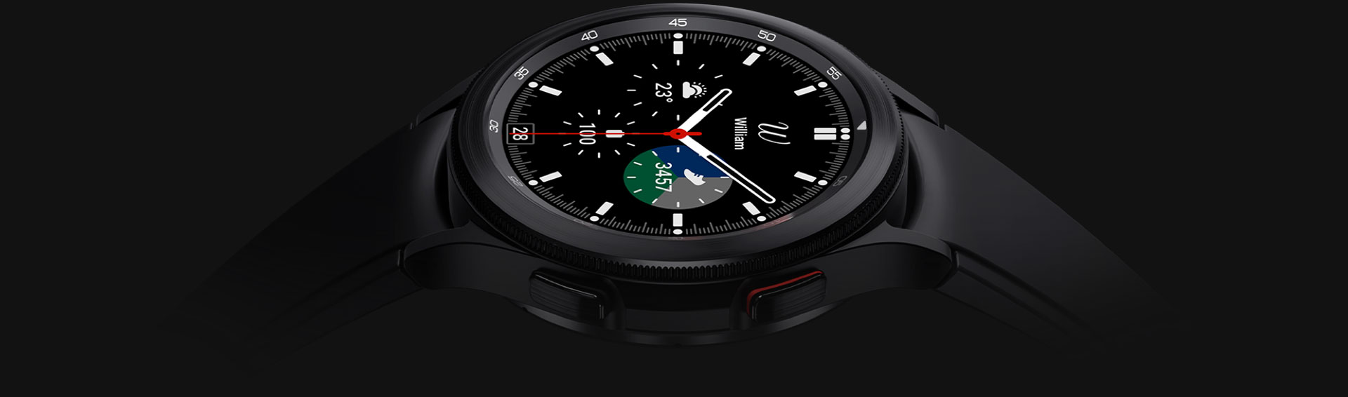 Le cadran de la montre d'une Galaxy Watch4 Classic noire est orienté vers le haut et affiche l'heure.