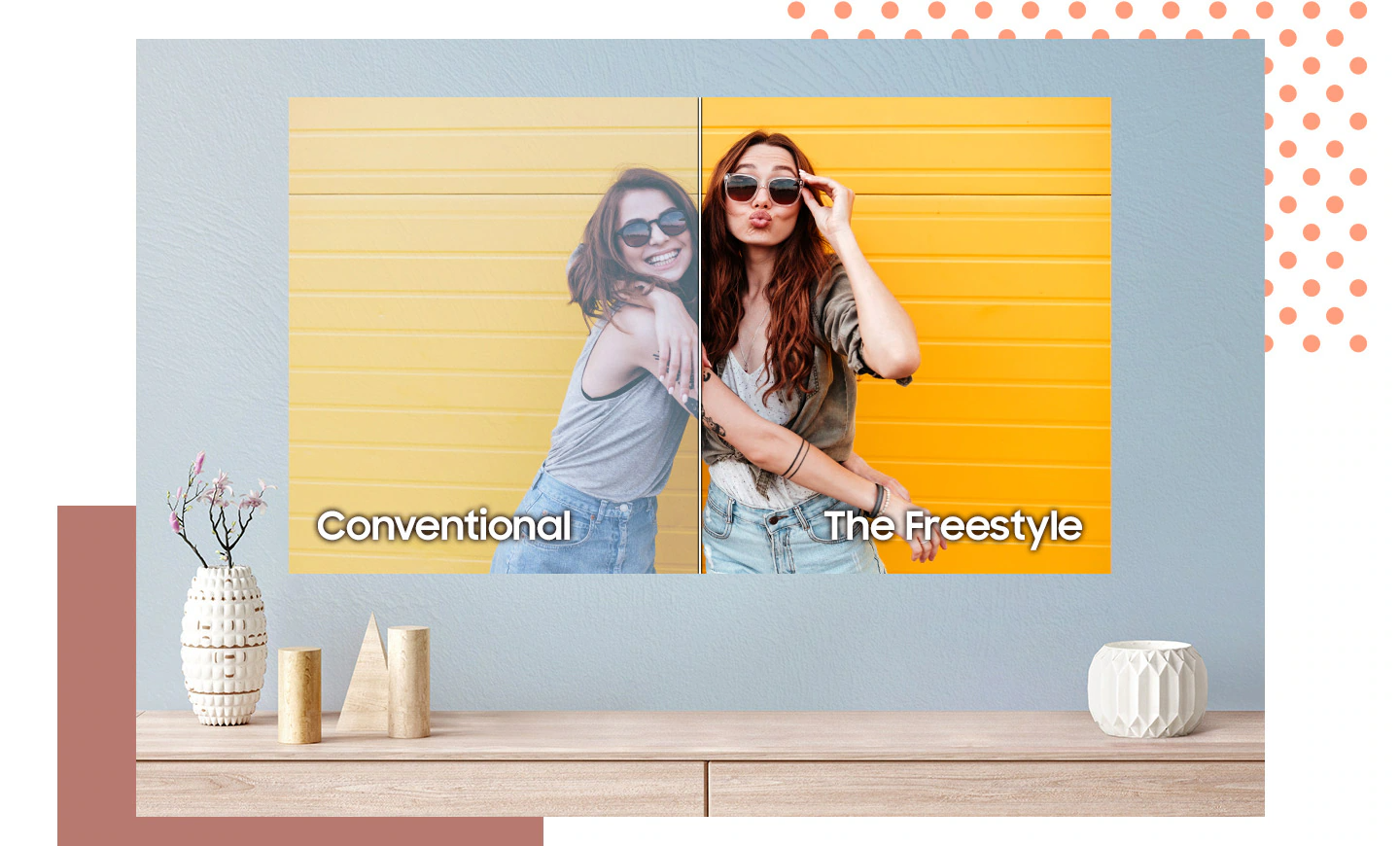 A projected photo on a blue wall of two friends is split in half. The left is labeled conventional and is muted in color. The right is labeled The Freestyle and displays the accurate colors. The walls change colors from blue to pink and green but The Freestyle keeps to display the accurate colors.