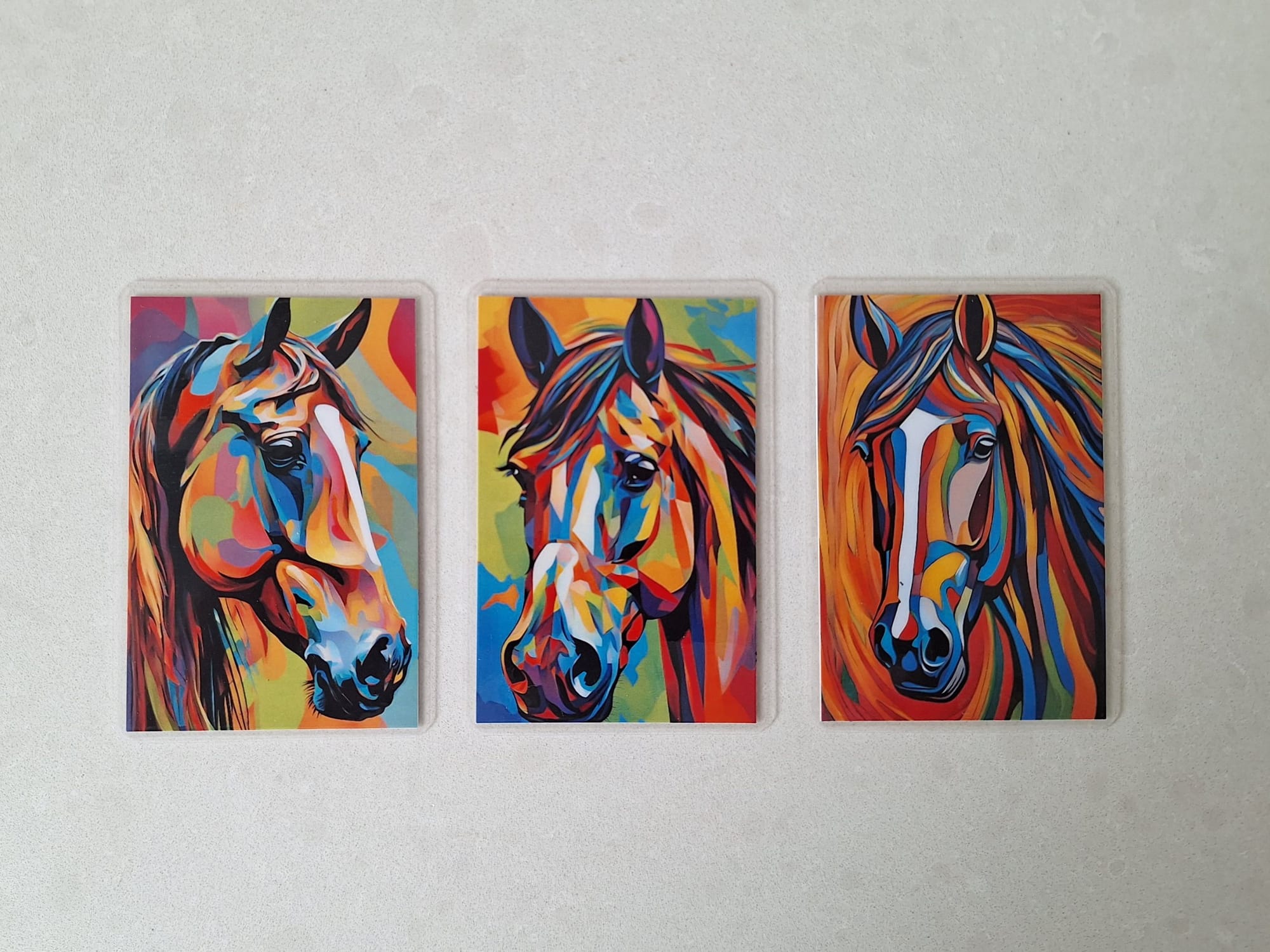 Set of 3 laminated hard magnets horses modern art style