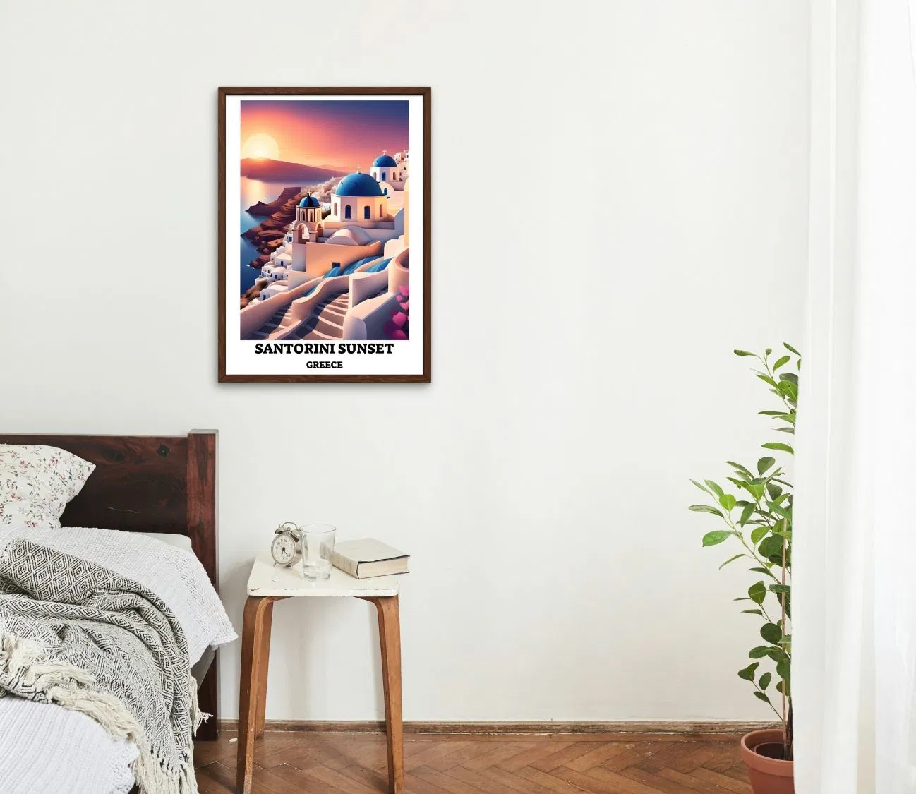 תמונת קיר לעיצוב חדר שינה דגם שקיעה סנטוריני יוון