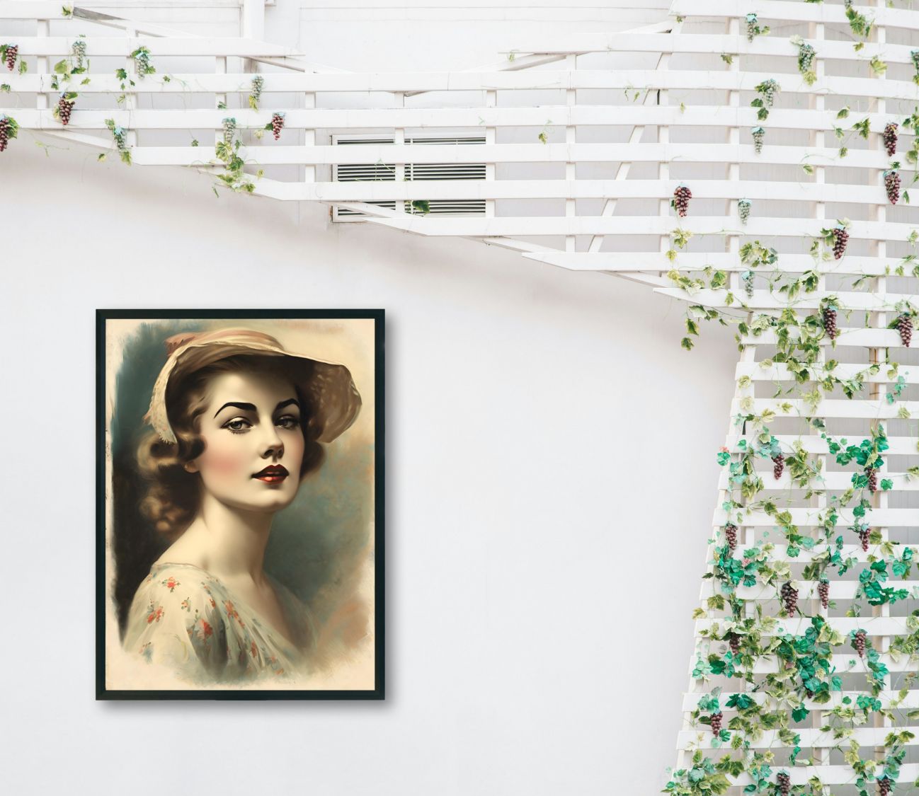 תמונת וינטג’ עם דיוקן נשי רומנטי – פתרון מושלם לעיצוב קירות הבית או למתנה ייחודית עם נגיעה קלאסית.