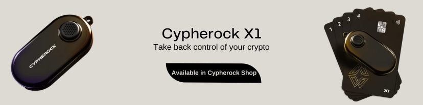 Cypherock X1 Cypherock X1 is a first of its kind hardware wallet that offers air gapped storage of private keys separate from the offline X1 wallet. The private keys are never stored on the X1 wallet and never in a single place, which makes it more secure than a regular hardware wallet when it comes to making Blockchain transactions. The private keys are generated completely offline and then broken into 5 unique secrets, each of which is encrypted and stored on the EAL 5+ secure elements on the X1 wallet and the 4 X1 cards.