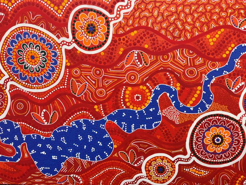 Commissioned artwork by Kehaan Lange-McGuire, inspired by the Derbarl Yerrigan and the season of Kambarang