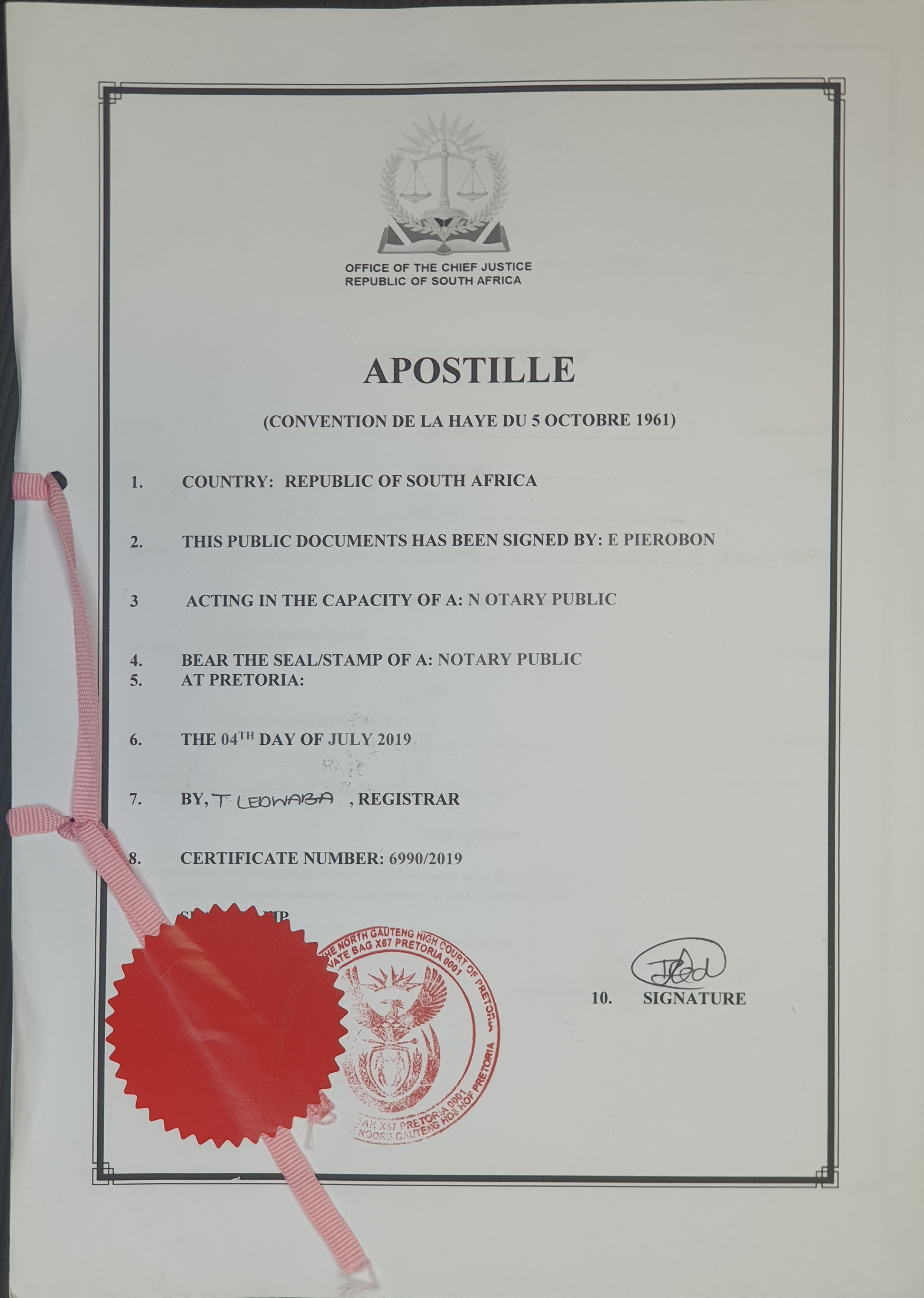 Apostille Issued by the High Court South-Africa 