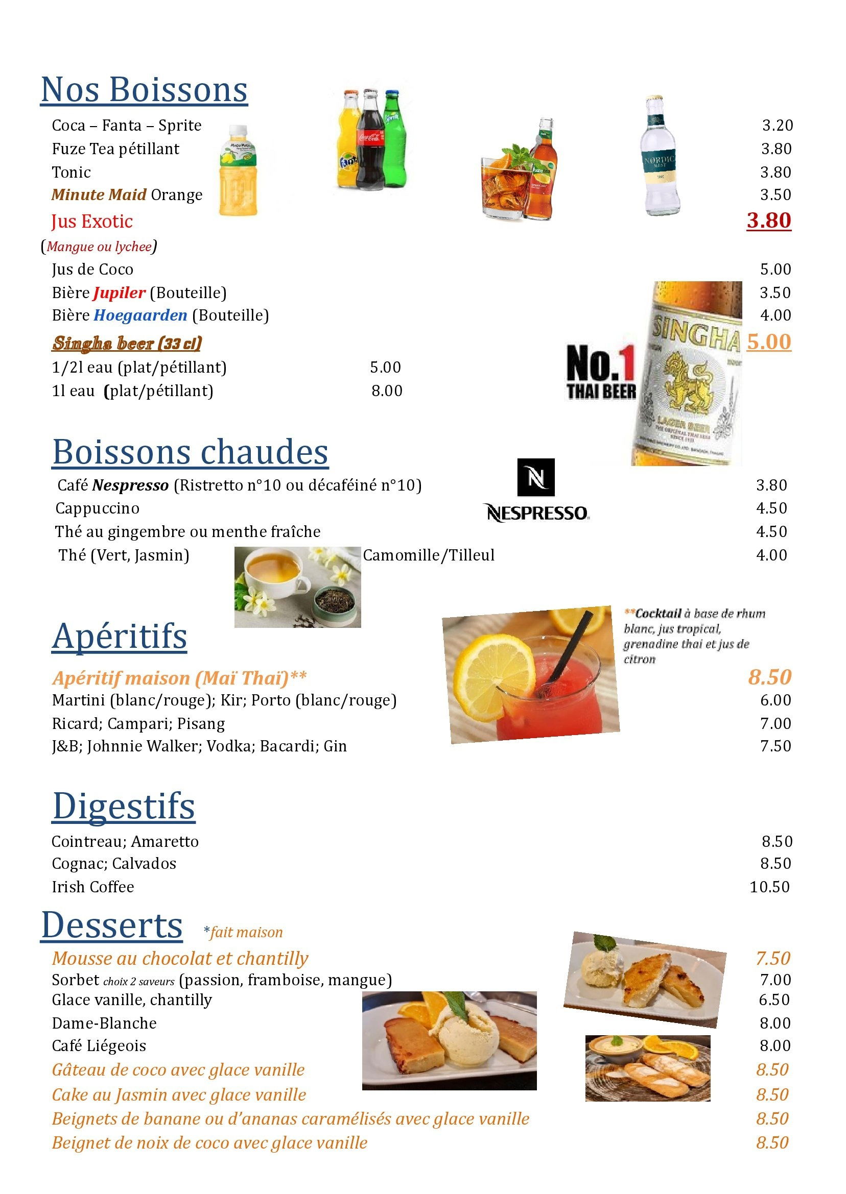 Softdrinks, Alcools, boissons chaudes et quelques douceurs