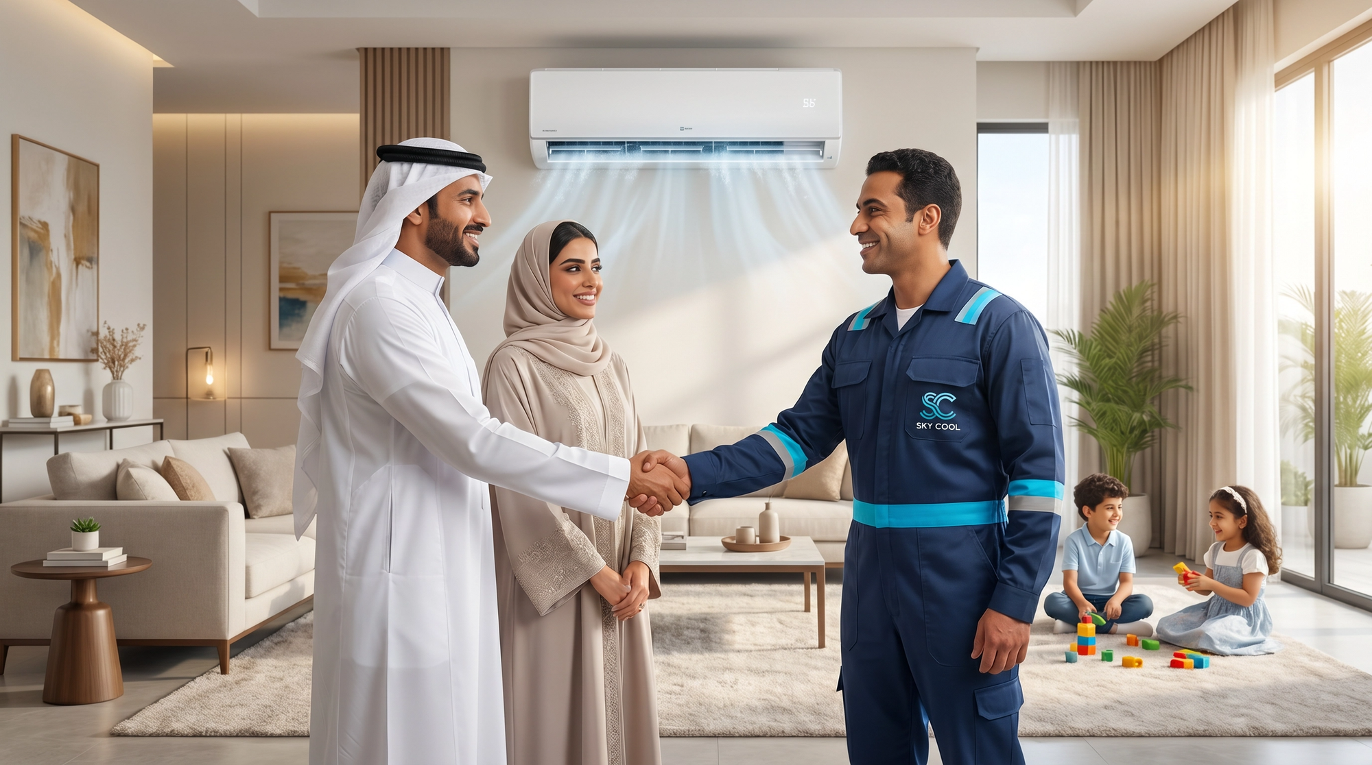 عميل من جدة و هو يصافح طاقم عمل سكاي كوول - تنظيف وصيانة وغسيل المكيفات ودكت المكيفات بجدة