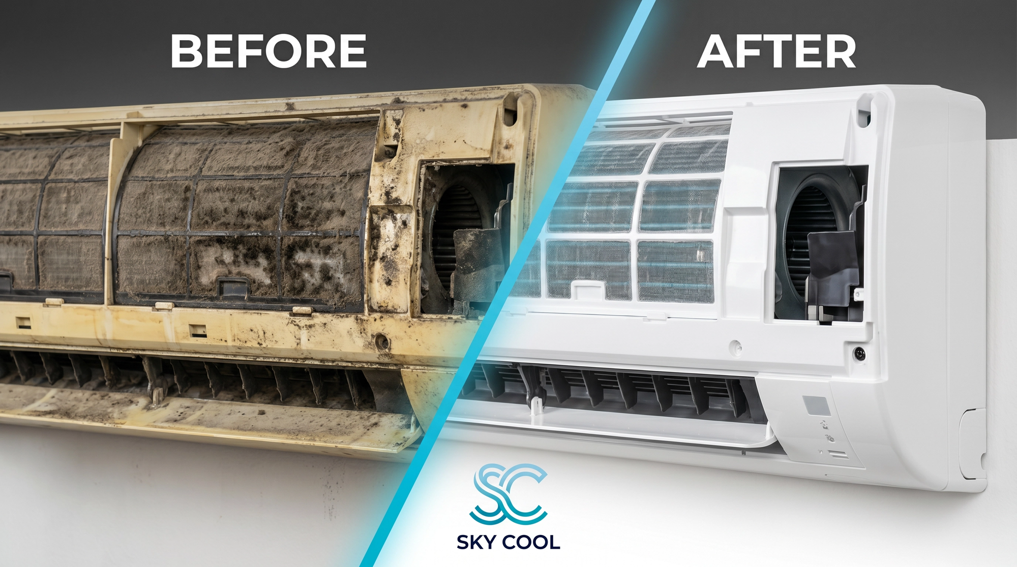 قبل وبعد عملية تنظيف المكيفات بجدة - إسكاي كوول صيانة تركيب تنظيف مكيفات ودكت ميكفات بجدة