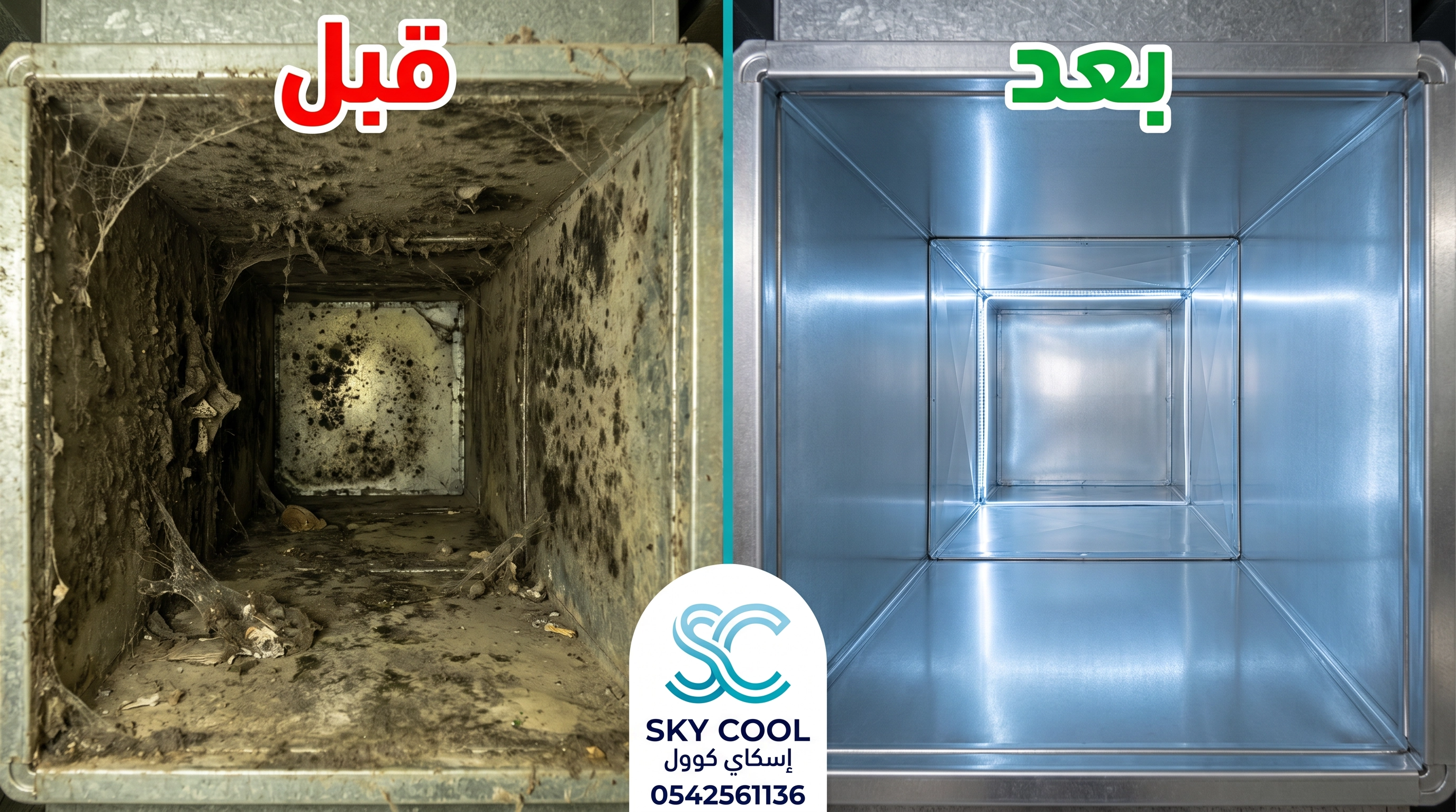 صورة قبل وبعد تنظيف دكت المكيفات المركزية بجدة تظهر إزالة الأوساخ والعفن من داخل مجاري الهواء بواسطة شركة إسكاي كوول.