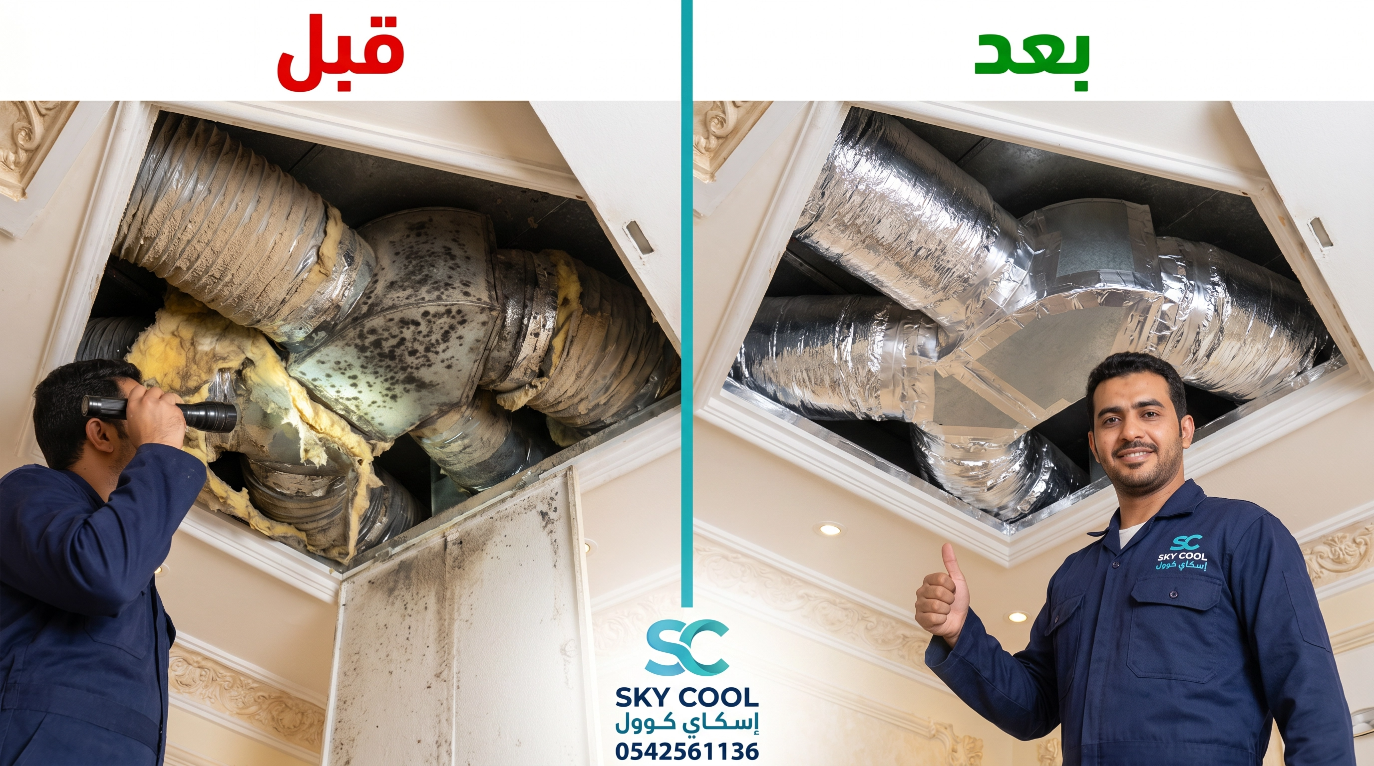  أفضل شركة تنظيف دكت مكيفات بجدة، فني إسكاي كوول يستعرض نتيجة تنظيف وصيانة مجاري الهواء المركزية في سقف فيلا قبل وبعد.