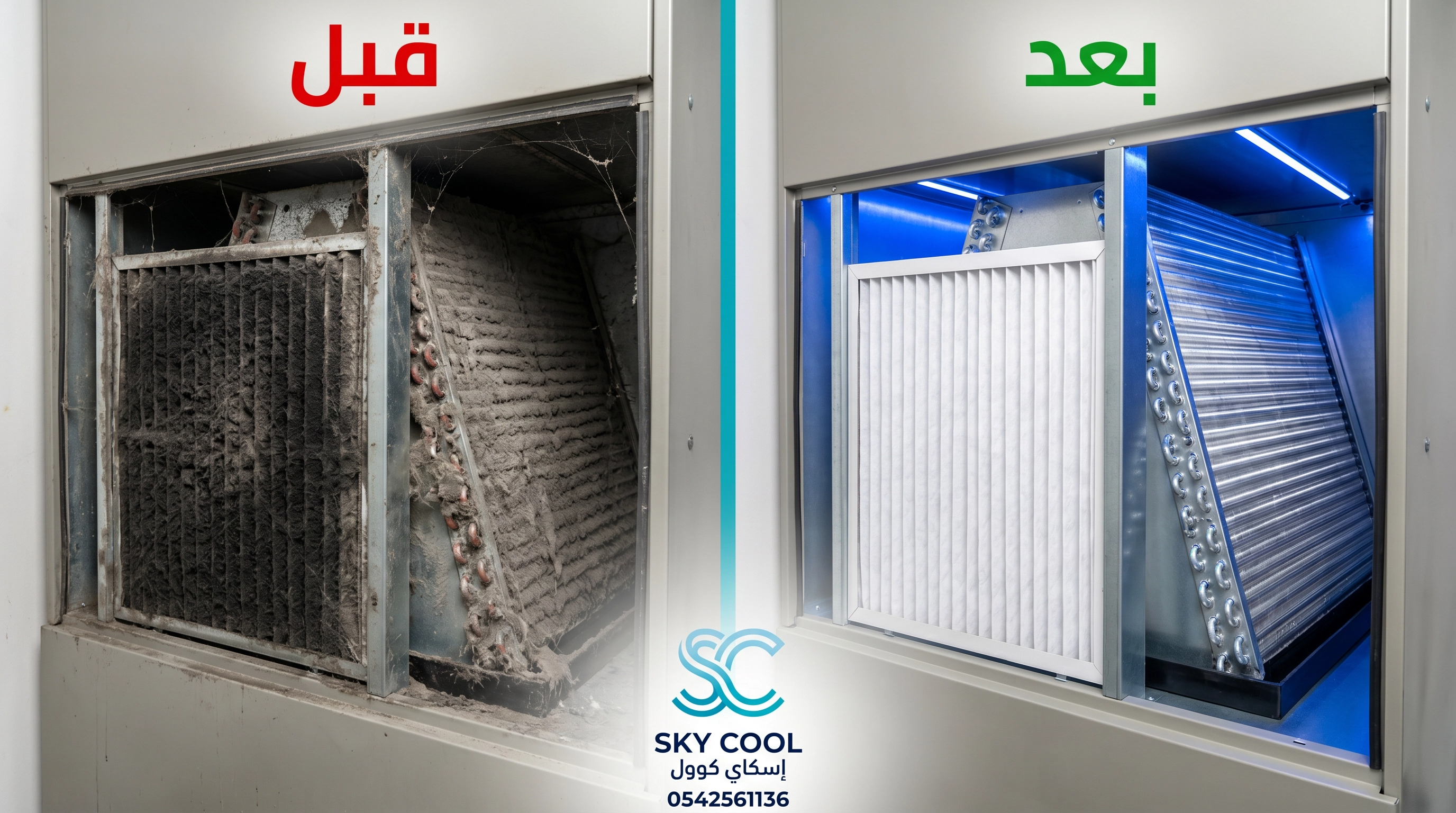  تنظيف وحدة مناولة الهواء (AHU) وتغيير الفلاتر في التكييف المركزي بجدة، صورة قبل وبعد تظهر الفرق الواضح في النظافة من إسكاي كوول.