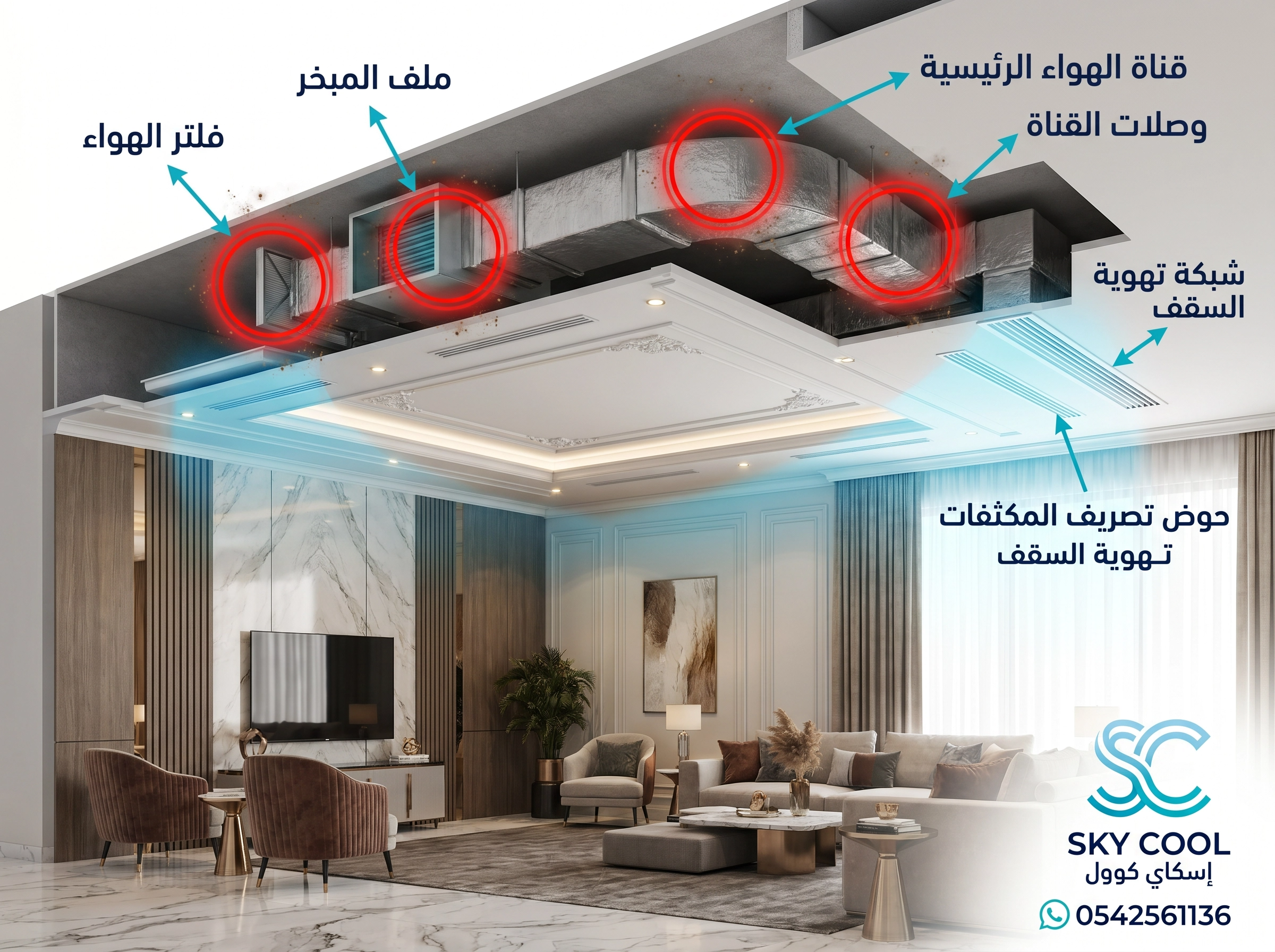 رسم مقطعي ثلاثي الأبعاد لفيلا سعودية فاخرة يظهر الدكت المخفي مع دوائر حمراء تشير لأماكن تجمع الأوساخ.